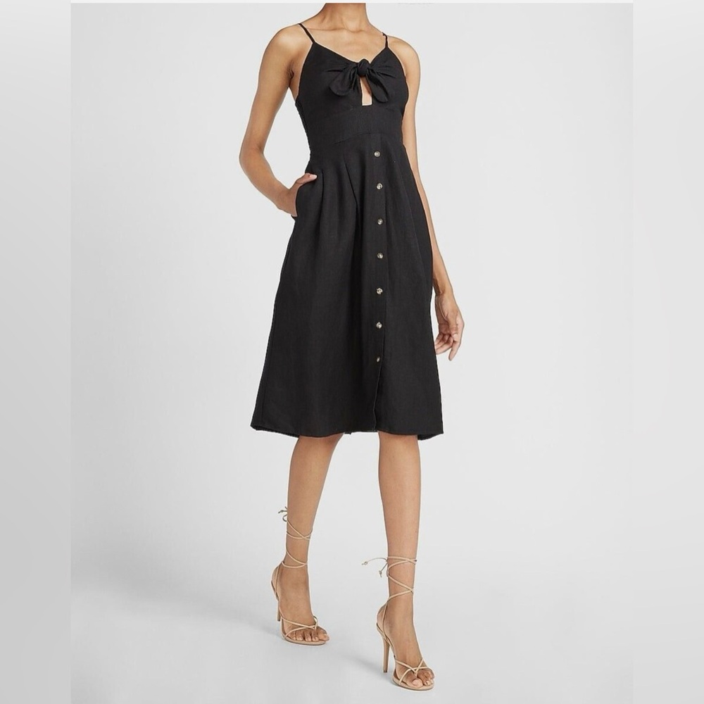 Linen-Blend Button Front Tie Midi Dress in Pitch Black
